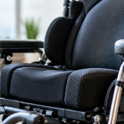 Close-up of custom wheelchair seating and cushion