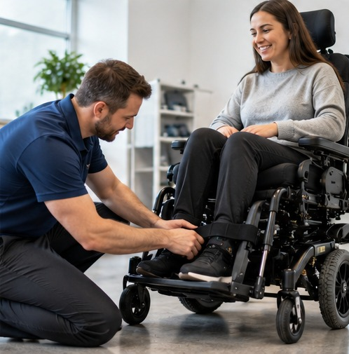 Therapist adjusting wheelchair seating and positioning