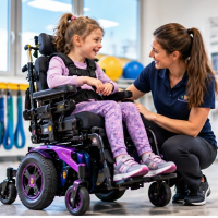 Pediatric purple power wheelchair with complex mobility equipment