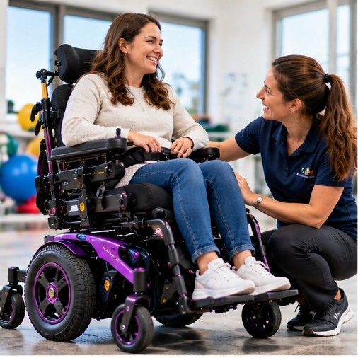 Adult patient in purple power wheelchair with therapist