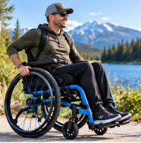 Adult in blue active manual wheelchair outdoors