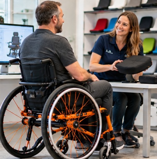 Adult consulting therapist about orange manual wheelchair seating